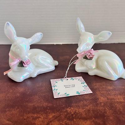 Fenton Iridescent Opalescent Deer Fawn w/ Applied Rose Pair