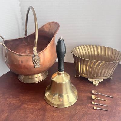Scuttle Coal Bucket Copper/Brass, Brass Footed Flower Pot, Mini Brass Salt Spoons, Large Bell