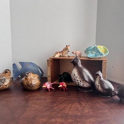 Stone Fish, Ceramic Birds, Ironwood Turtle, 2 Bobble head Turtles, Small Wood Crate