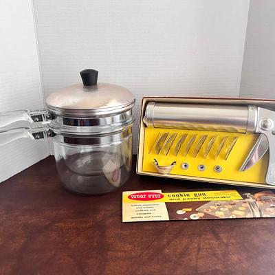 Pyrex Glass Double Boiler w/ Lid, Everwear Cookie Press 