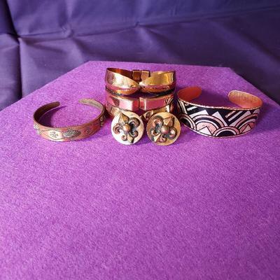 Fleur-de-lis Earrings, (3) Copper Bracelets Child Size Renior Art Deco 