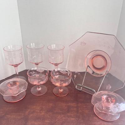 Pink Princess House Water Goblets (3) & (2) Dessert Cups Etch Flowers, (2) Candlestick Holders