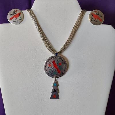 Sterling Earrings Necklace Red Coral Turquoise Black Onyx Abalone Birds 