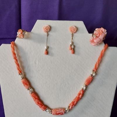 Peach Coral Pearl Necklace, 14k Coral Rose Ring 