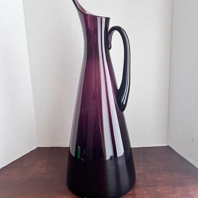 MCM Large Hand blown Water Pitcher Vase Purple, Applied Handle 