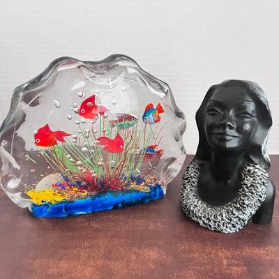 Large Fish Ocean Paperweight, Black Coral Hawaii Face Bust Statue