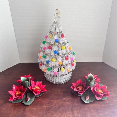 Vintage CapidoMonte Poinsettias Candlestick Holders Pair, Beaded Tree