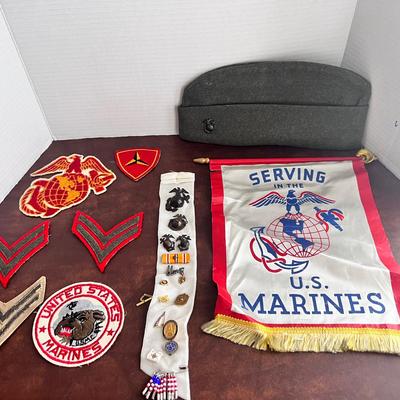 Vetern Marines Items Lot, Hat w/ Pin, Variety of Patches, Multiple Pins on a Velvet Sash