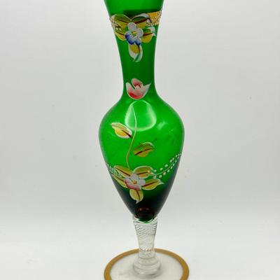 Kreiss 8" Vase Green Art Glass Gold Trim Beautiful Hand painted Flowers