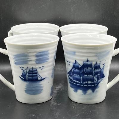 (4) Large Mugs — Vintage Nantucket Blue & White Porcelain