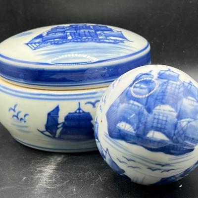 Vintage Nantucket Blue & White Porcelain Ball & Covered Dish