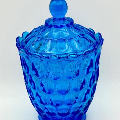 Fenton Colonial Blue Thumbprint sugar bowl with a lid