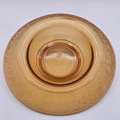 Fostoria Glass Amber Rolled Edge Console Bowl Vesper Etch 11 inches