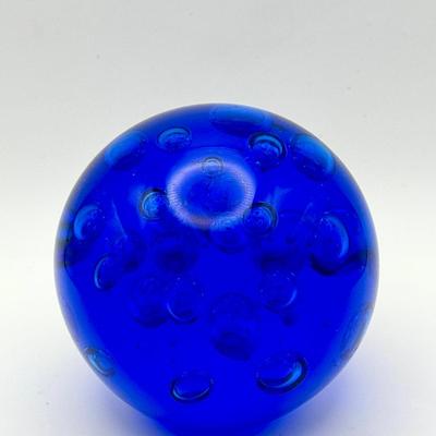 Controlled Bubble Blue Glass Paperweight 
