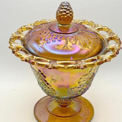 "Indiana Glass Carnival Glass Lace Edged Covered Candy Dish"