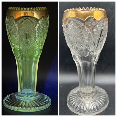 EAPG Glass Cupped Vase with Gold Rim c.1903 — Glowing Green in Ultraviolet Light