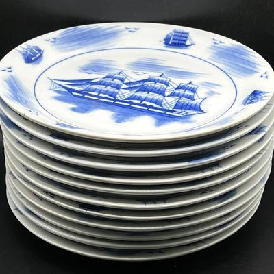 (11) Vintage Nantucket Blue & White Porcelain 9” Dinner Plates