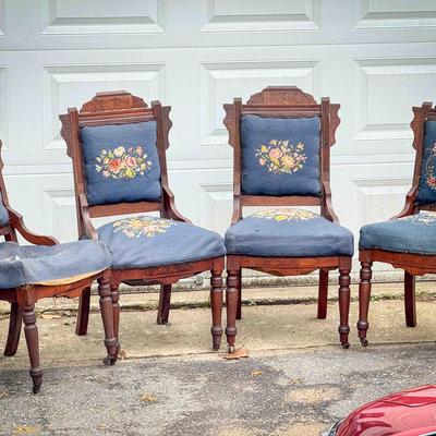 (4) Antique Victorian Needlepoint Chairs
