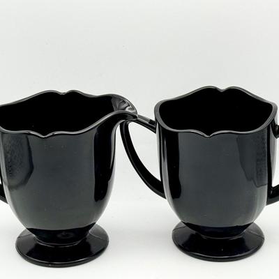 New Martinsville scalloped black glass cream and sugar set