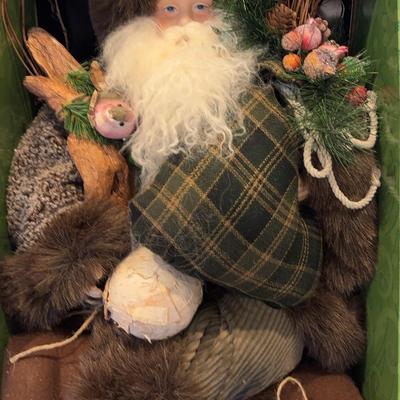 Santa’s Workbench- Santa & Angels & Two hand-carved wooden moose shelf sitter with jointed legs. 