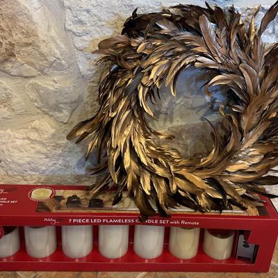 Gold Feather Wreath And Flameless Candle Set With Remote