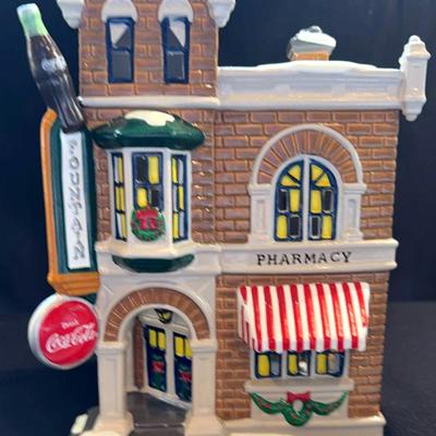 Dept 56 The Original Snow Village Coca-Cola Corner Drugstore, Ford 1949 Woody Wagon And M&Ms Road