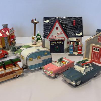 Dept.56-Snow Village-Village Used Car Lot(Set Of 5) Service Station, Single Car Garage & Accessories