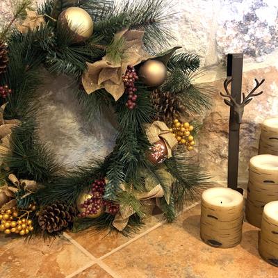 Holiday Wreath, Deer Hanger And Collection Of Flameless Candles