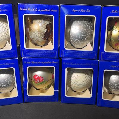 Set Of 8 Mouth Blown Ornaments In Individual Boxes Hand painted In Italy