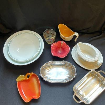 Corelle serving bowls, Pfaltzgraff Strawberry gravy boat, silver trays