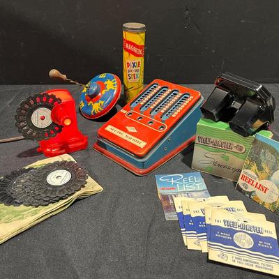 Vintage 40s/50s Toys ~ Ft. Tin Toy Adding Machine, Projector, Push Tin Top & More