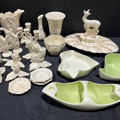 40’s Red Wing Pottery-Cream W/ Brown Glaze Deer Flower Frog Vase+more, Celedon Art Deco Collection
