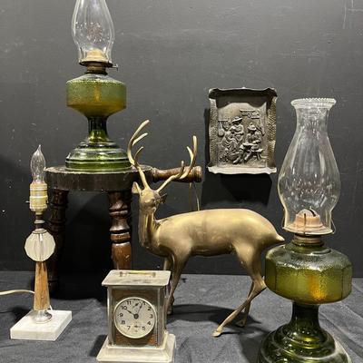 Vintage Brass Deer, German Junghans Carriage Clock, Mid Century Marble & Glass Table Lamp & More