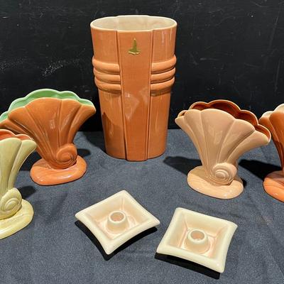 Red Wing Art Deco Cylander Vase, Coral Peachy Pastel Fan Vases And Candlestick Holders