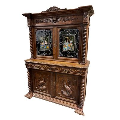 Antique Oak German/Bavarian Hunt Cabinet W/ Stained Glass 
