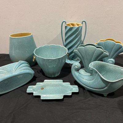 Vintage MCM Redwing Pottery ~ Ft, Speckled Robin Egg Blue Vases, Ice Bucket, Ashtray, & More