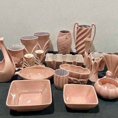 Vintage MCM Redwing Speckled Pink Pottery ~ Ft. Hanging Planter, Vases, Candle Holders, & More 