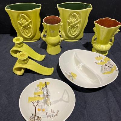 Red Wing Art Deco Vases-Chartreuse Yellow Tropicana… + Candlesticks And Montmartre Pottery