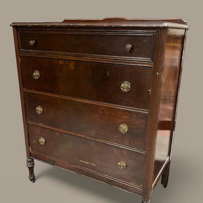 Antique Mohogany & Walnut 4 Drawer Dresser On Casters 