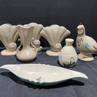 Red Wing “Bob White Quail”, Turqouise Dish And Speckled Brown/Lilac Fan Vases