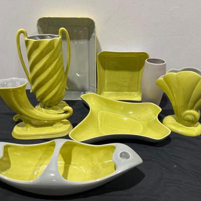 Vintage MCM Redwing Pottery ~ Ft. Chartreuse & Gray Vases, Candlestick Bowl, Trays, & More