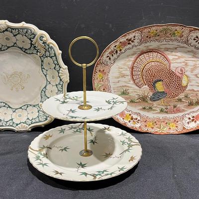 Vintage Schwarzenhammer Bavaria Platter, Vintage Turkey Platter And 2-Tier Bamboo Serving Tray