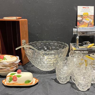 Vintage Federal Bubble Glass Punch Bowl Set, Franciscan Butter Dish, Bowls, Pasta Queen, Bar Case