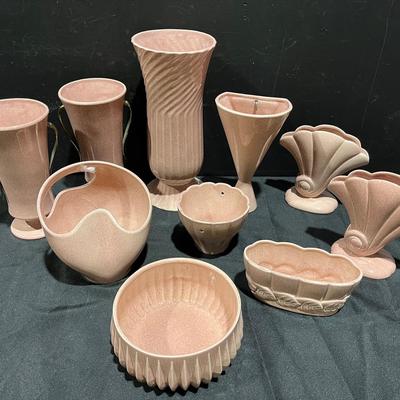 Vintage Red Wing Art Deco Pink Speckled Pottery Collection-Vases, Planters, Fans, Bowl And More