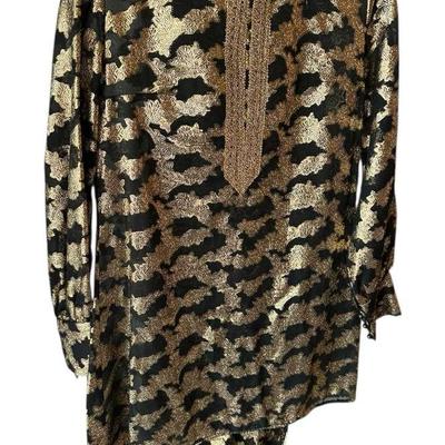 Metallic split V-neck black and gold pantsuit