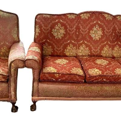 Vintage Rose Pink Brocade Couch and Chair