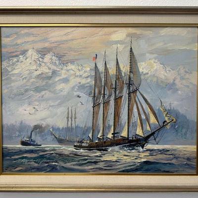 Marshall Johnson's signed painting of sailboats and a tugboat.