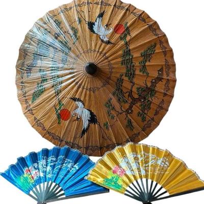 Japanese Art Deco Style Hand-Painted Parasol & Handheld Fans
