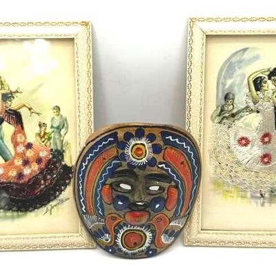 Hand painted Mexican Mask And Two Spanish Framed Postcards