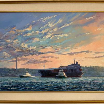 Signed painting by Marshall Johnson of a ship and tugboats.